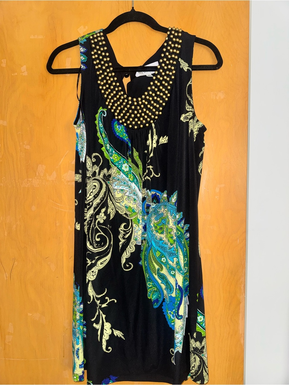 Studio I Black Paisley Beaded-Neckline Dress
